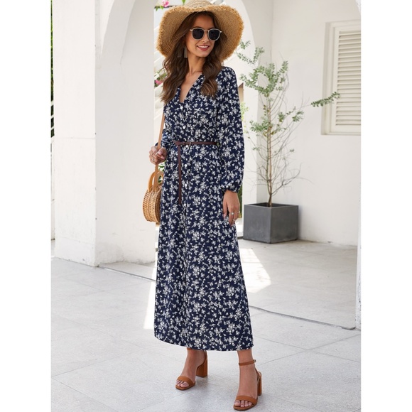 Floral Print Navy Blue Maxi Buttoned Up Dress - Picture 6 of 8